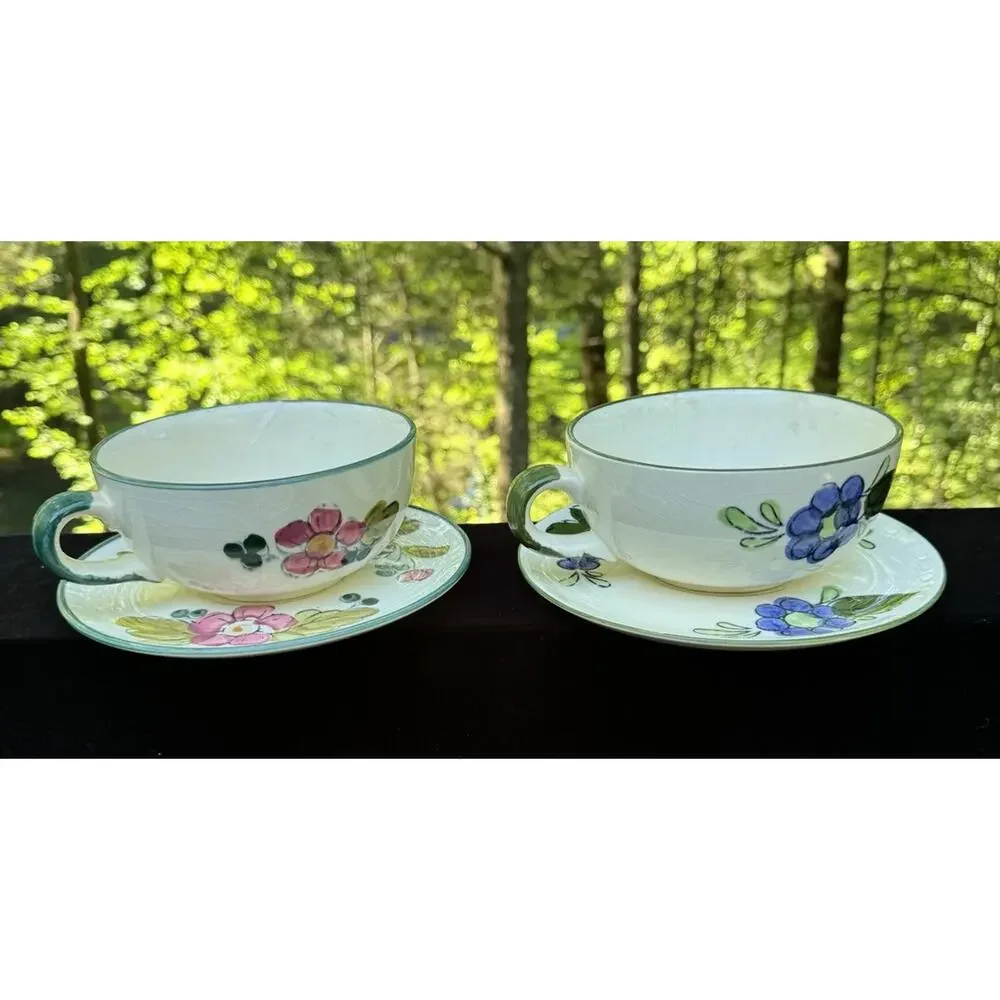 2 ITALIAN HAND-PAINTED FAIENCE SOUP BOWLS & SAUCERS EUC -A87